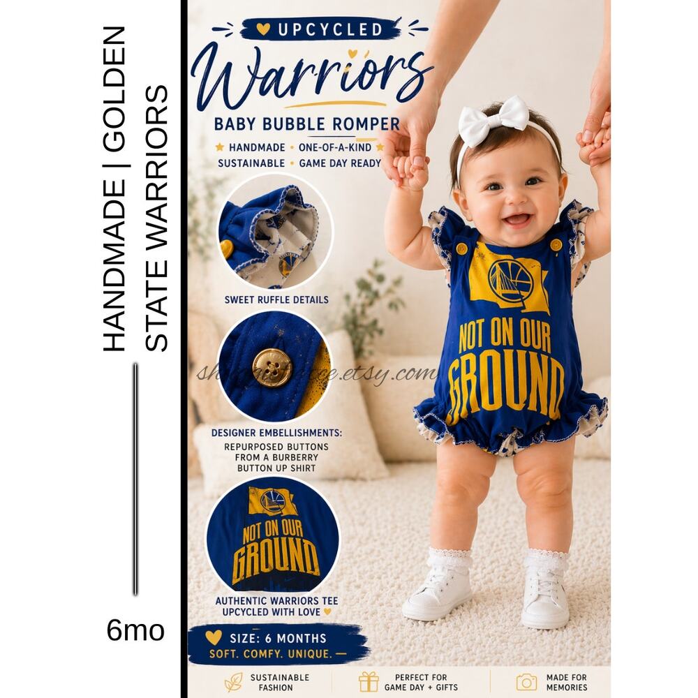 ✨ Upcycled AND Handmade Warriors Baby Bubble Romper – Size 6M ✨SAME DAY SHIP